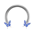 Silver horseshoe circular barbell with blue glitter butterfly ends for ear piercings - Blue