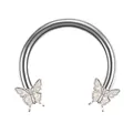 Polished silver butterfly horseshoe piercing ring with white glitter butterfly accents - White