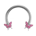 Polished silver circular barbell earring with sparkling pink butterfly charms - Pink