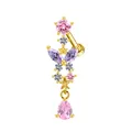 Detailed macro view of golden belly ring featuring pink teardrop pendant and star accents - Gold Purple Leaf Zircon Floral Pendant Navel Ring