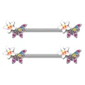 Silver sunflower and butterfly nipple rings with colorful rhinestones on a white base - Colorful Butterfly Flower Style (#3)