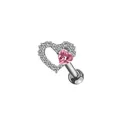 Silver heart wing stud earring with pink crystal center and white cubic zirconia stones - Pink Heart Main Stone Hollow Ear Stud