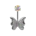 Dettaglio del piercing all'ombelico a farfalla argento con glitter viola e zircone - Farfalla Glitterata Viola