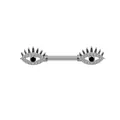 Detailed view of evil eye nipple rings with sparkling cubic zirconia and black gems - Silver Evil Eye