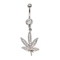 Macro view of silver belly ring with zircon and sparkling maple leaf pendant - Silver Maple Leaf Style