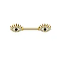 Detailed macro view of golden nipple barbell with shimmering evil eye crystal accents - Gold Evil Eye
