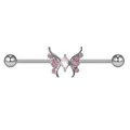 Macro detail of industrial barbell earring with pink butterfly and zircon stones - Pink Butterfly Zirconia Style (#1)