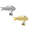 Detail of fishbone stud earrings with inlaid zircons in gold and silver finish - Fishbone Style (#2 White Gold)