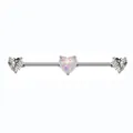 Macro detail of industrial barbell earring with pink opal heart and clear cubic zirconia - Pink Heart Shape (#2)