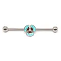 Macro detail of industrial barbell earring with blue floral charm and steel balls - Blue Brown Floral Style (#12)