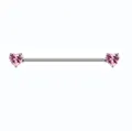 Macro detail of industrial barbell earring with pink heart stones and stainless steel rod - Double Pink Heart Zirconia Style (#10)