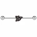 Detail of stainless steel industrial barbell with a vintage textured rose flower design - Metal Rose Style (#9)