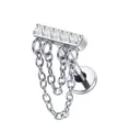 Macro shot of silver titanium labret with five zircons and three chain tassels detail - Silver 5-Stone Row Tassel Style