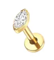Macro view of marquise-cut crystal labret stud with polished gold-plated flat back base - Gold Single Marquise Style