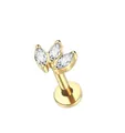 Macro detail of titanium labret stud with marquise-cut marquise zircon clover top - Gold 3-Stone Leaf Style