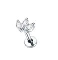 Detailed view of titanium clover flat-back stud with three marquise-cut zircons - Silver 3-Stone Leaf Style