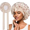 Beige satin sleep bonnet with cherry print and long ties for hair protection - Beige