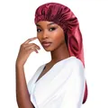Detail view of burgundy long satin bonnet for hair protection on a model profile - Burgundy