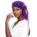 Detailed view of long purple satin hair bonnet for women shown on model for hair care - Purple