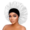 Detail of wide black elastic band and white satin bonnet for curly hair care - White