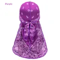 Men's purple paisley durag with long tail featuring silky satin fabric and premium print - Purple