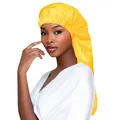 Detailed view of glossy long satin bonnet in bright yellow on model for hair care - Yellow