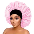 Pink satin hair bonnet with black wide elastic band for sleeping and curly hair care - Pink
