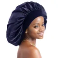 Dettaglio della cuffia in raso blu scuro con ampia fascia elastica e finitura lucida - Blu navy
