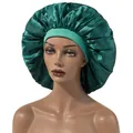 Extra large dark green satin sleep bonnet with wide elastic band for curly hair care - Adjustable / Cyan