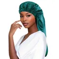 Détail macro du bonnet en satin vert émeraude brillant avec texture lisse et bord élastique - Bleu Aqua