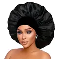 Large black satin bonnet with wide elastic headband for hair protection and sleep - Black