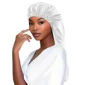 Detail of white satin long hair bonnet showing glossy silk fabric and elastic pleated edge - White