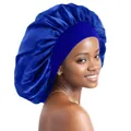 Vista laterale di una cuffia da notte in raso blu reale con ampia fascia elastica - Blu Zaffiro