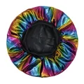Elastic rainbow satin sleep bonnet for kids with comfortable black wide band head cover - One Size / Black