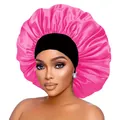 Close-up of bright pink satin sleep bonnet featuring a wide black elastic headband - Rose Red