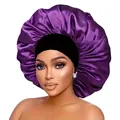 Detailed view of purple satin hair bonnet with wide black elastic headband on a model - Purple