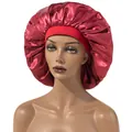 Elastic wide band satin sleep bonnet in wine red color for long hair protection - Adjustable / Burgundy