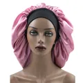 Pink satin hair bonnet with a wide black elastic band for hair care and sleeping - Pink