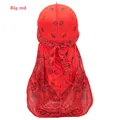 Vibrant big red durag featuring classic black paisley patterns and long silk-like straps - Red