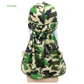 Silky green camouflage durag with long ties shown on a mannequin head model - Adjustable / Green Camouflage