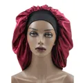 Elastic wide band satin sleep bonnet in burgundy red finish for long hair care - Burgundy