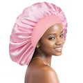 Dettaglio della cuffia da notte in raso rosa con ampia fascia elastica e tessuto lucido - Rosa