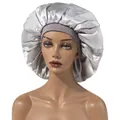Silver grey satin sleep bonnet with wide elastic band for curly hair protection - Adjustable / Silver
