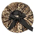 Silk satin leopard print hair bonnet with a large black bow and elastic band - Large / Leopard Print