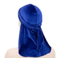 Durag in velluto blu reale premium con coda lunga e cinturini larghi per capelli - Regolabile / Blu
