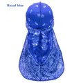 Royal blue silk durag with white paisley pattern and long tail design for men - Blue