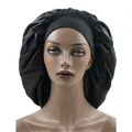 Black satin sleep bonnet with wide elastic band for hair protection and night care - Black