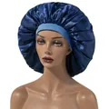 Dark blue satin bonnet with elastic wide band for hair care and overnight sleep protection - Adjustable / Navy Blue