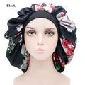 Gorro de dormir de satén negro con flores y banda elástica ancha protectora - Talla única / Negro