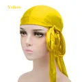 Vibrant yellow silky satin durag with long ties for men and women, variant display - One Size / Yellow